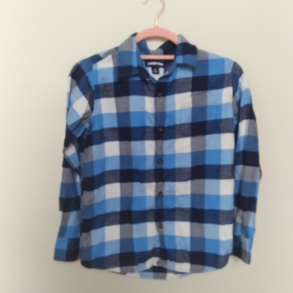 Lands' End Kids Boys Blue and White Flannel Button Down Shirt Size Medium